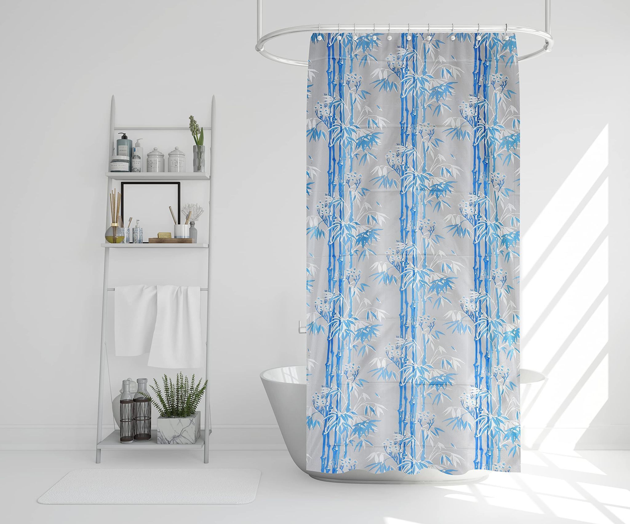 HOMECROWN Floral Design Waterproof Shower Curtain for Bathroom - PVC Plastic Water Repellent Curtain with 8 Hooks 7 X 4 Feet, Blue Color Pack of 1