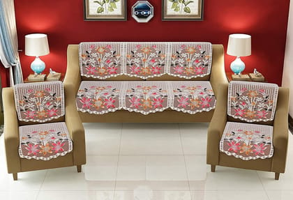 HOMECROWN Net Fabric Floral Design 5 Seater Sofa Cover ? Beautiful Cotton Sofa Cover 3 Seater and 2 seaters (Brown, 69 x 178 cm)