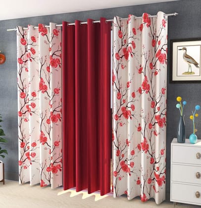 HOMECROWN Premium Polyester Fabric 7 Feet Flower Design Door Curtains Floral and Plain -Modern Silk Look parde for Home, Living Room, Bedroom, Offices (7 x 4 Feet, Maroon) - Set of 3 Pc