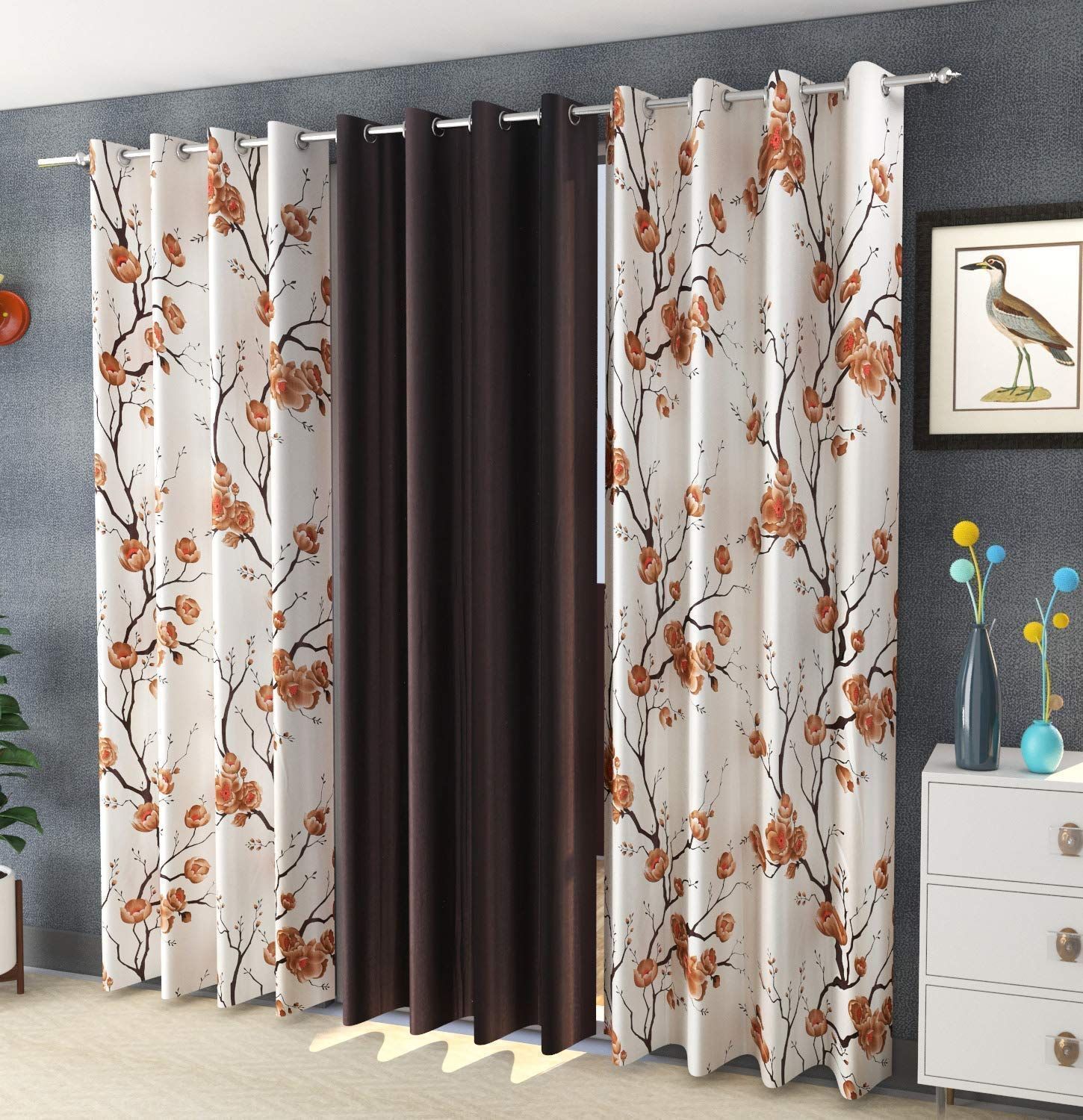 HOMECROWN Premium Polyester Fabric 7 Feet Flower Design Door Curtains Floral and Plain -Modern Silk Look parde for Home, Living Room, Bedroom, Offices (7 x 4 Feet, Brown) - Set of 3 Pc