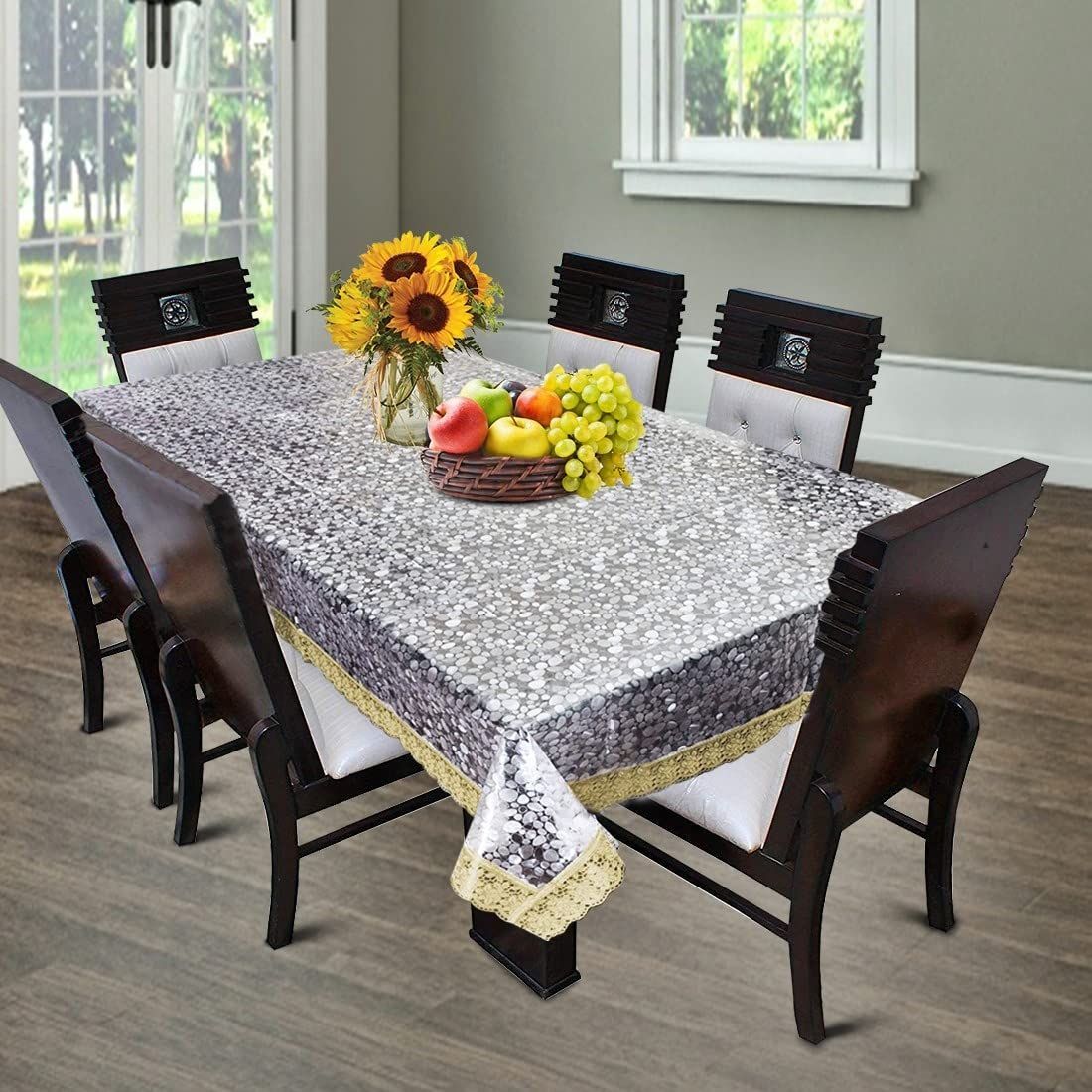 HOMECROWN Transparent Plastic 6 Seater Waterproof Dining Table Cover - 60x90 Inch Size with Golden Lace Border