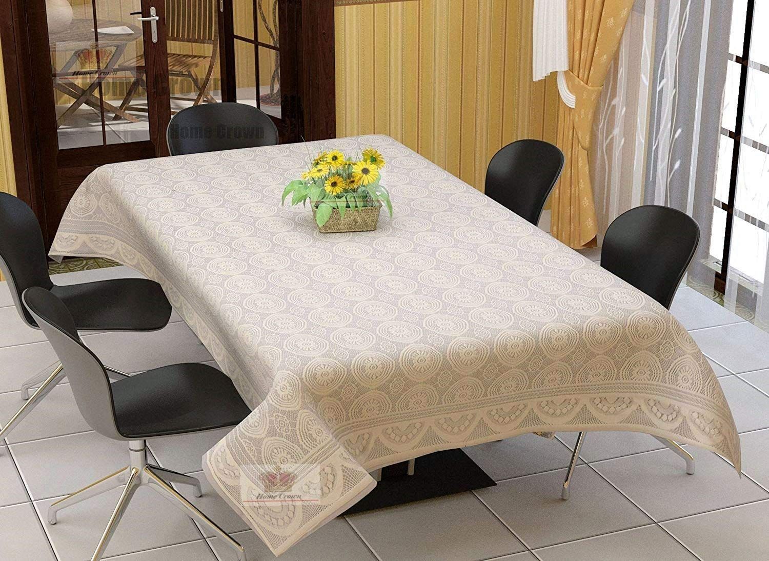 HOMECROWN Geometric Dust Proof Fabric 6 to 8 Seater Rectangular Dining Table Cloth Cover (60 x 90 Inch, Cream ,Polyester, Pack of 1)