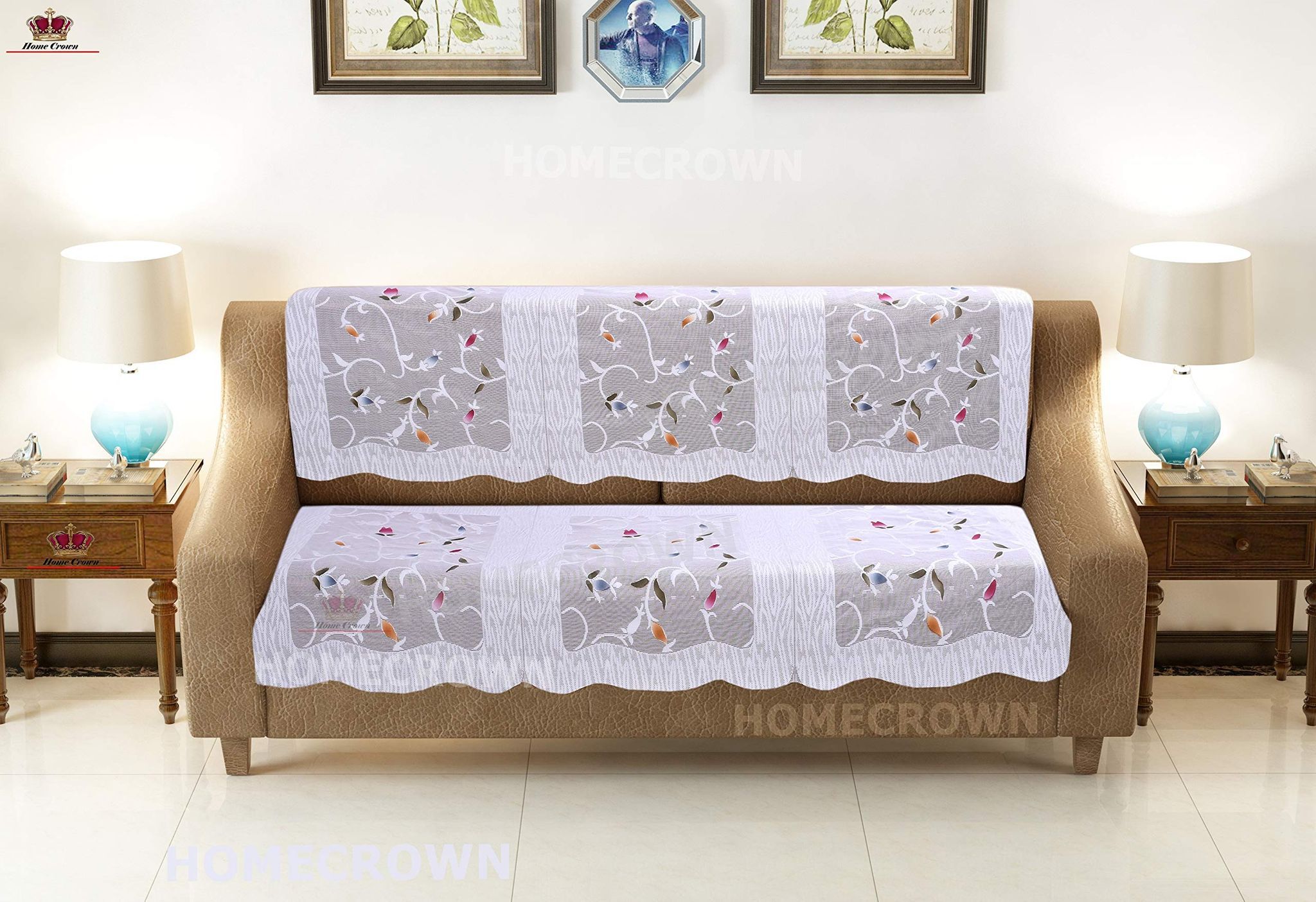 HOMECROWN Floral Design 3 Seater Cotton Fabric Net Sofa Cover Set for Living Room (2 Pieces) (White)