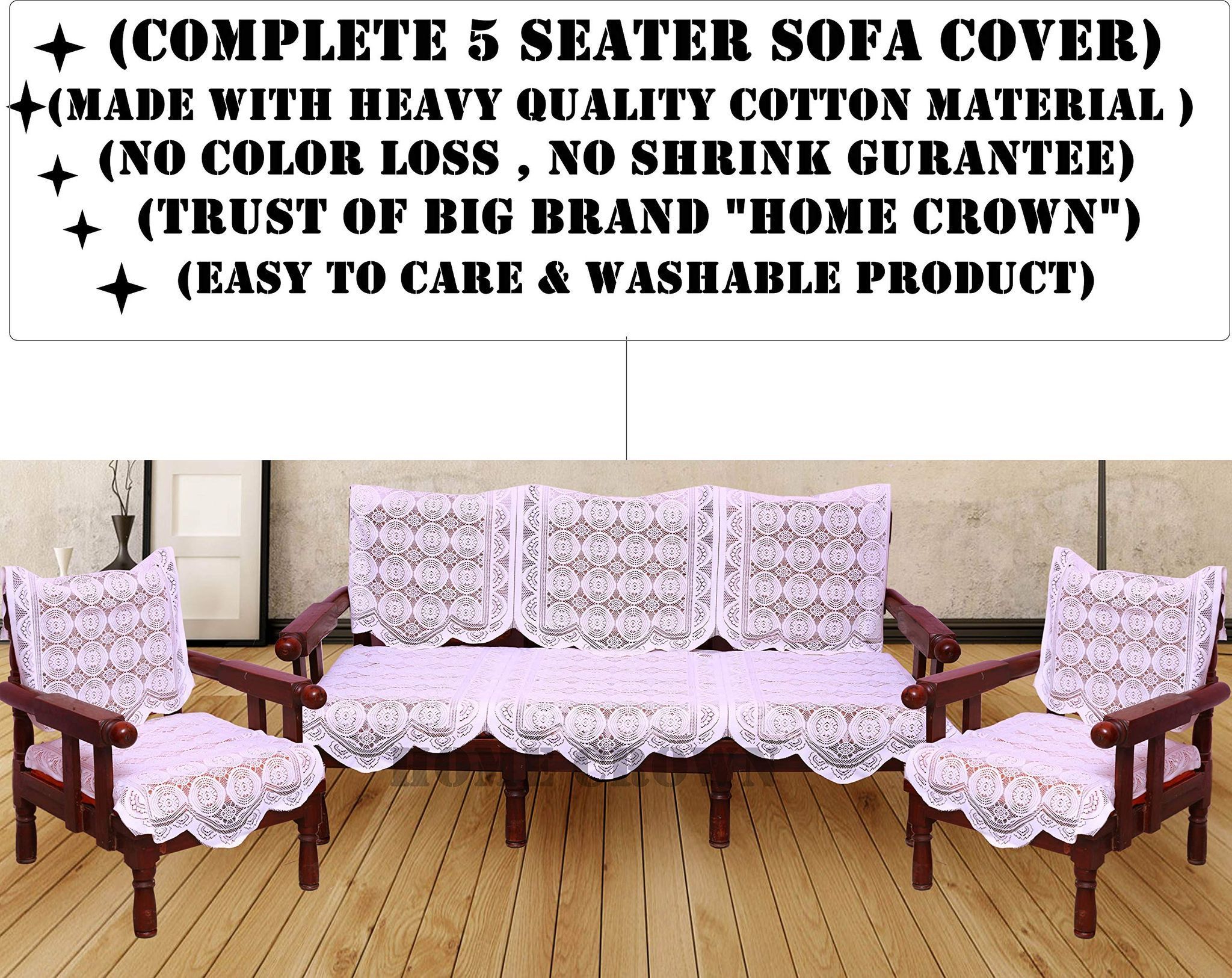 HOMECROWN Polyester Net Fabric Floral 5 Seater Sofa and Chair Cover Set - Standard , White Color