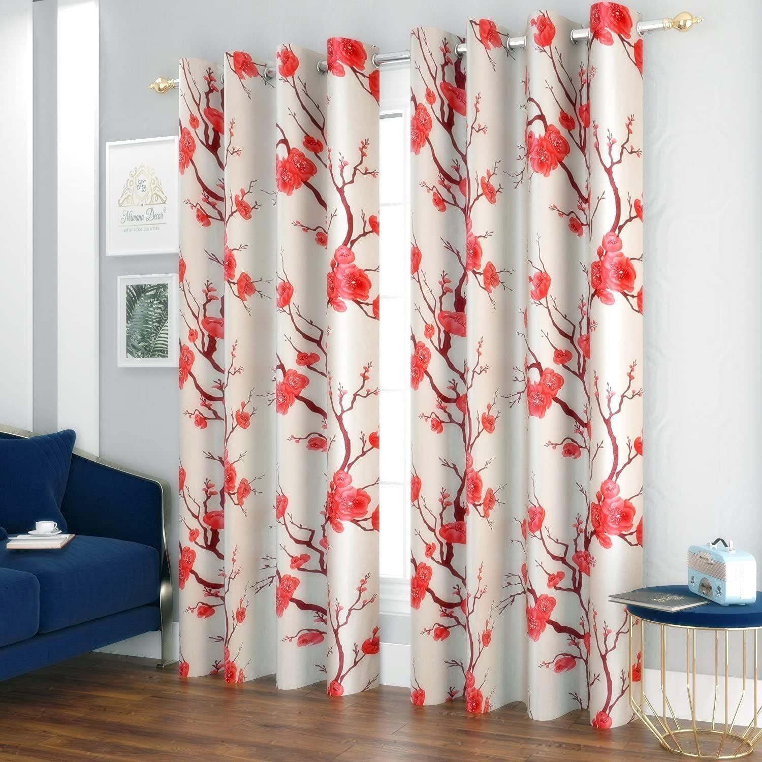 HOMECROWN Premium Polyester Fabric 7 Feet Floral Design Curtains for Door -Modern Flower Print parde for Home, Living Room, Bedroom, Offices (7 x 4 Feet, Red) - Set of 2 Pc