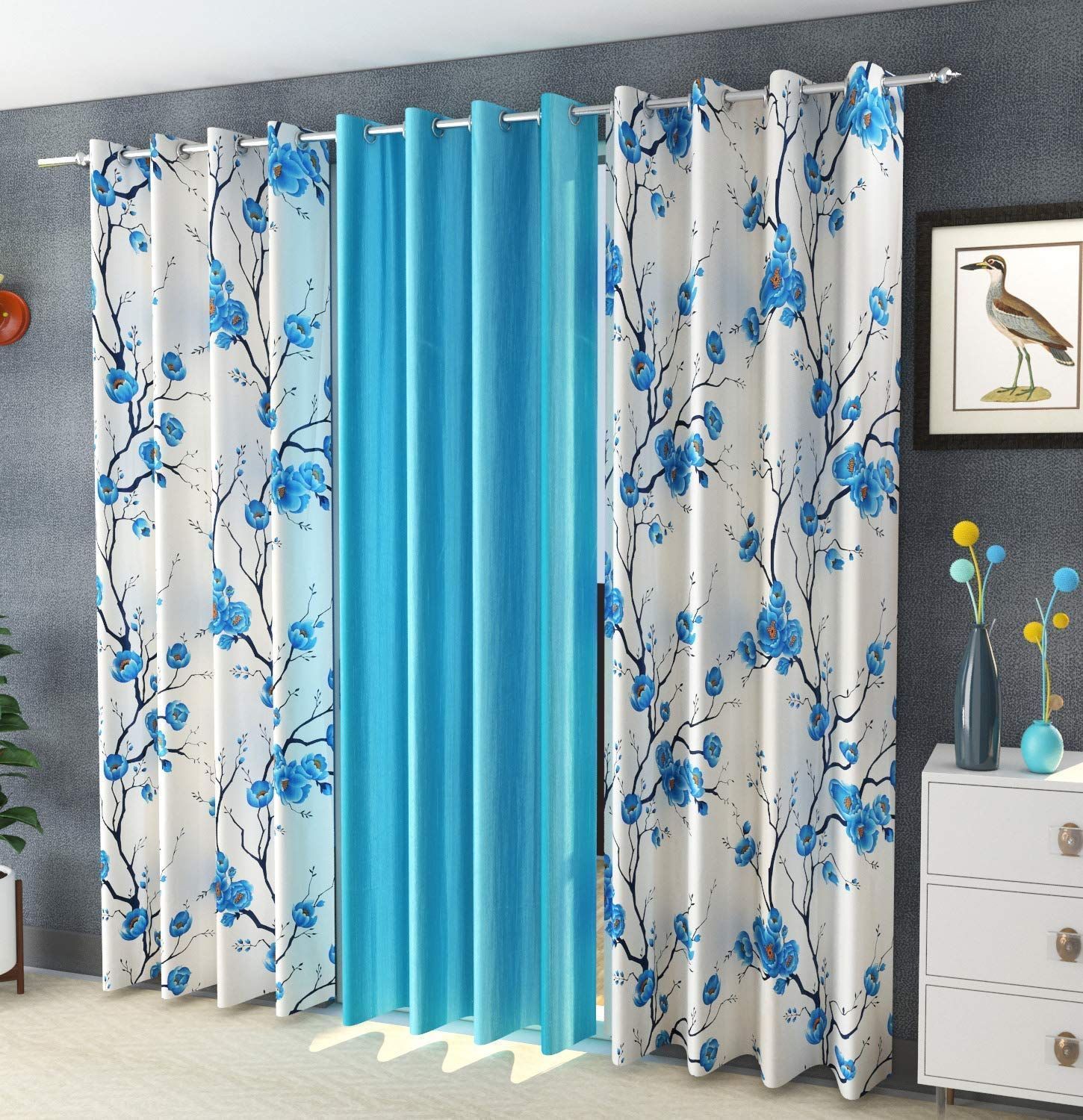 HOMECROWN Premium Polyester Fabric 7 Feet Flower Design Door Curtains Floral and Plain -Modern Silk Look parde for Home, Living Room, Bedroom, Offices (7 x 4 Feet, Aqua Blue) - Set of 3 Pc