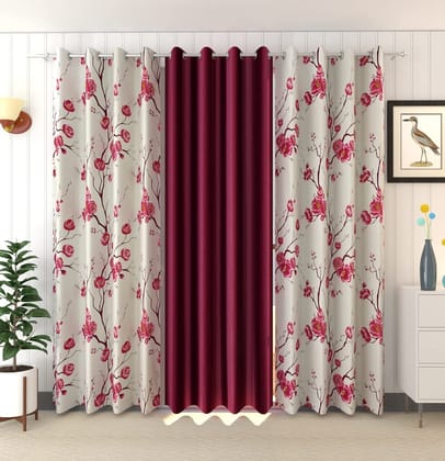 HOMECROWN Premium Polyester Fabric 7 Feet Flower Design Door Curtains Floral and Plain -Modern Silk Look parde for Home, Living Room, Bedroom, Offices (7 x 4 Feet, Wine) - Set of 3 Pc