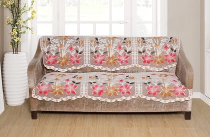 HOMECROWN Net Fabric Floral Pattern French Lace 3 Seater Sofa Set Cover ? Beautiful Polyester and Cotton Blended Three Seated Sofa Cover for 3 Seater Sofa (Brown, 69 x 178 cm)