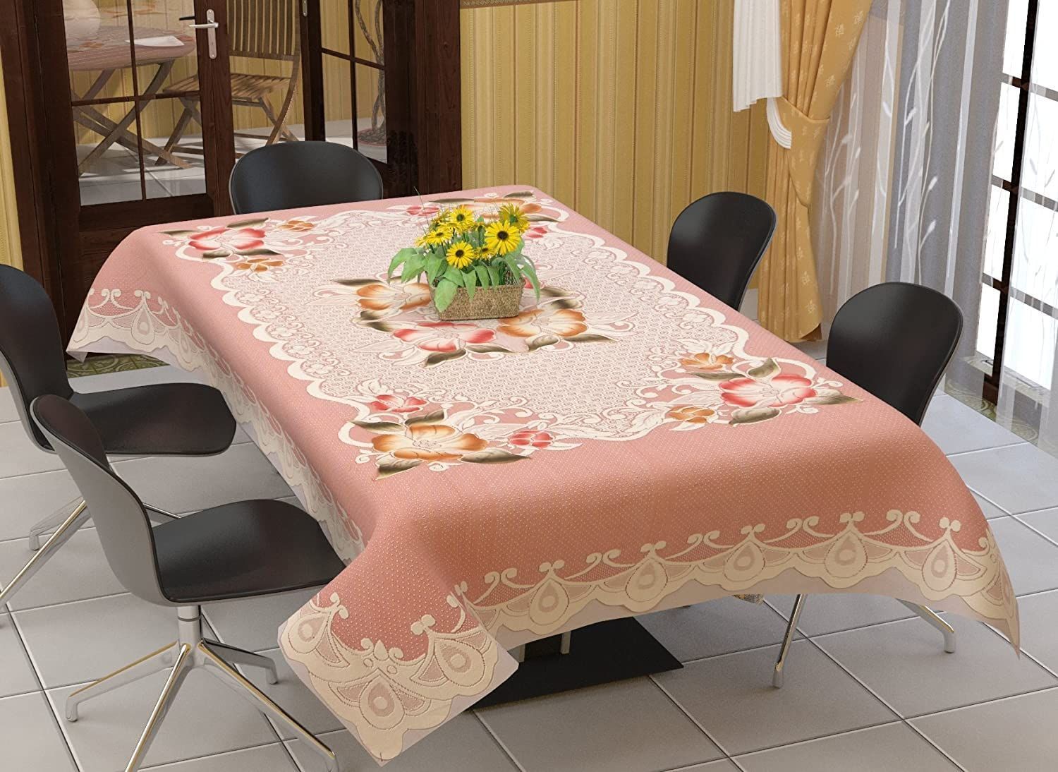 HOMECROWN Cotton Blend 6 Seater Dining Table Cover Floral Net Fabric Rectangular Table Cloth Cover for 6-8 Seater Table (Multi Color, 60X90 Inches, Pack of 1)