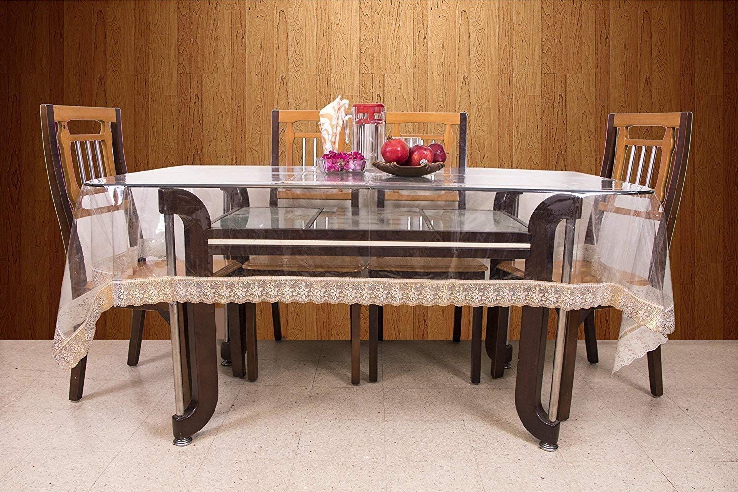 HOMECROWN Designer Waterproof 6 Seater Dining Table Cover with Golden Lace Border, Size 60x90 Inch Clear Colour