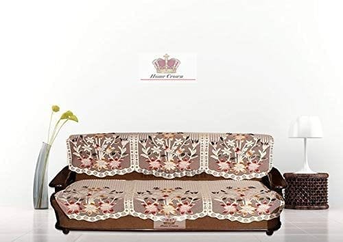 HOMECROWN Premium Cotton Sofa Cover Floral 3 Seater Net Fabric Sofa Cover Set for 3 Seater Sofa Brown Color