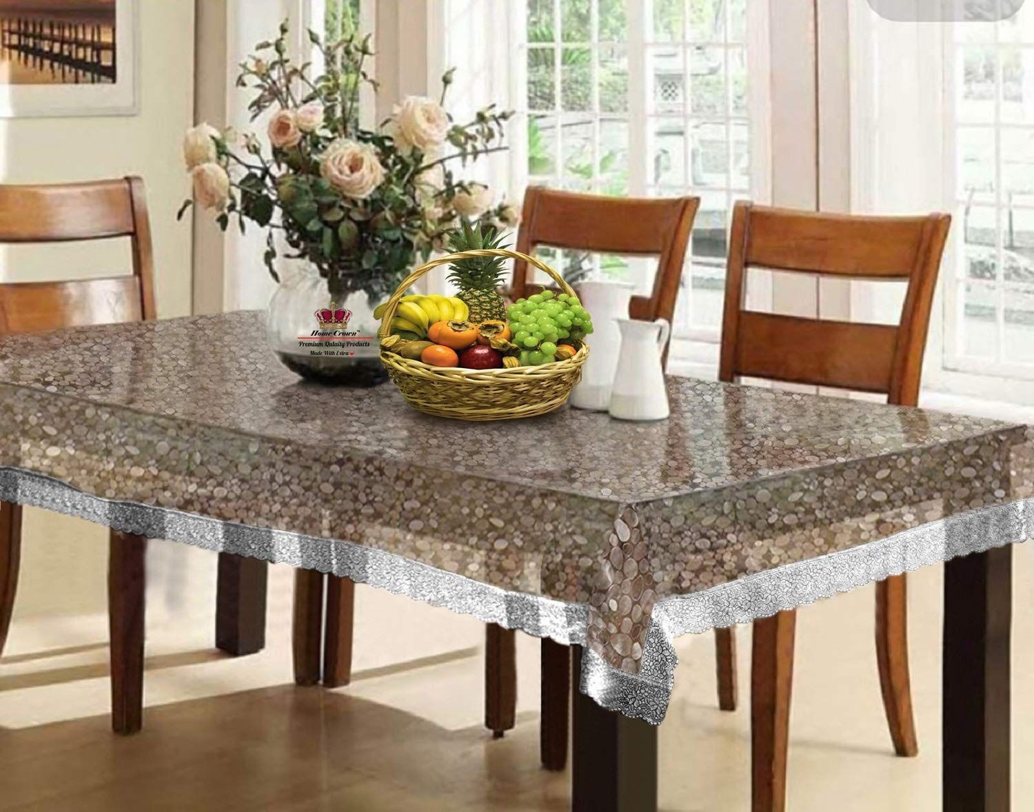 HOMECROWN Waterproof 3D Pattern Transparent PVC Plastic Flowered Rectangular 6 Seater Dining Table Cover with Embroidered Silver Lace Border (Size 90 X 60 Inches, Clear, Pack of 1)