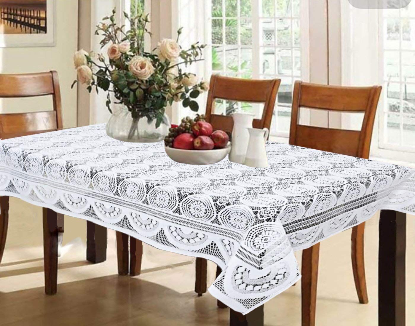 HOMECROWN Circle Design Polyester Cotton Blended Polycotton Net Fabric 6 Seater Dining Table Cloth 60x90 Inch, White