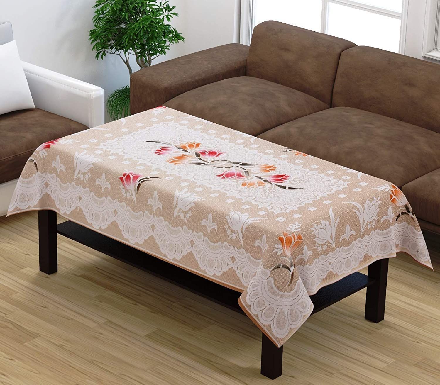 HOMECROWN Floral Cotton Blend Table Cover Cloth for Centre Table and 4 Seater Dining Table (60x40 Inch, Brown)