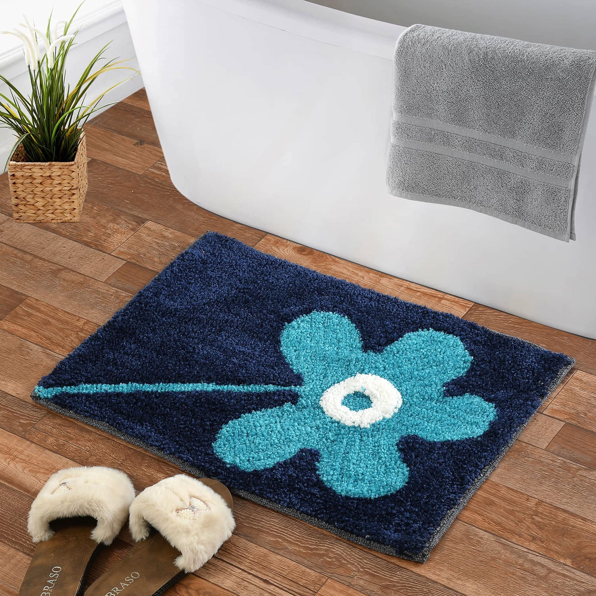 HOMECROWN Cotton Microfiber Anti Slip Bathmat Quick Dry Water Absorbing Mat- 40 x 60 cm, Blue