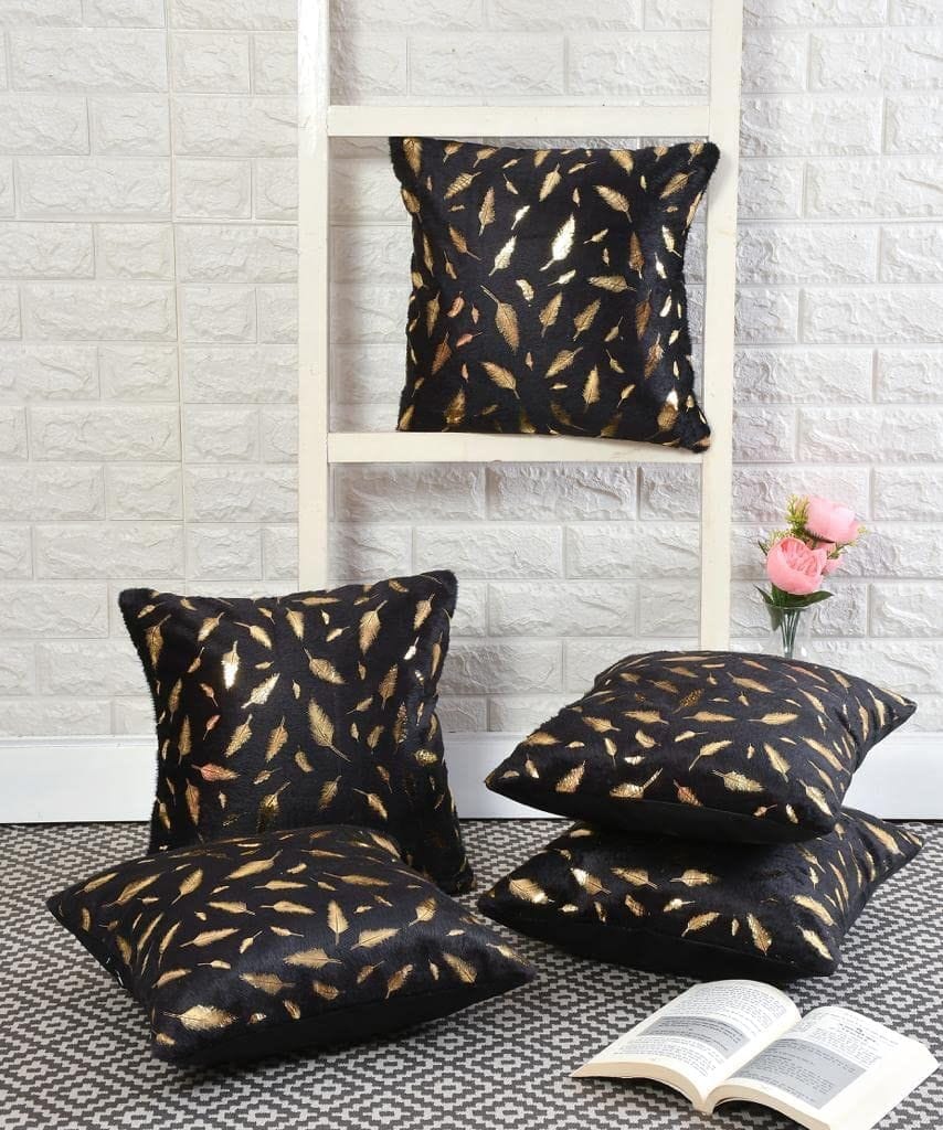 HOMECROWN Soft Velvet Fabric Feather Print Decorative Faux Fur Cushion Covers 16x16 Inch Set of 5 for Couch, Sofa, Bed