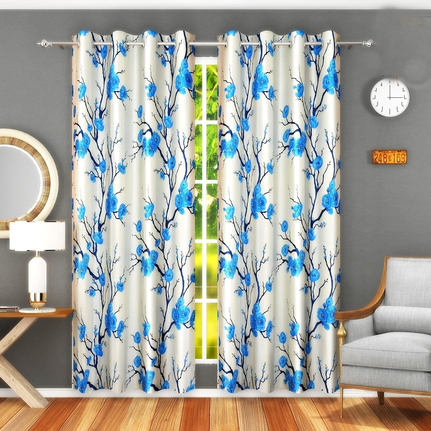 HOMECROWN Floral Printed Design Polyester Eyelet Curtains, Washable Parde for Home, Office, Bedroom, Living Room