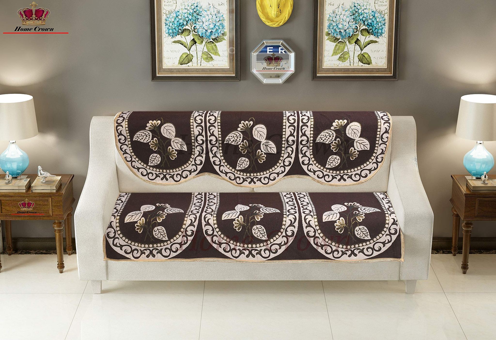 HOMECROWN Cotton Sofa Cover Set - Beautiful Floral Living Room Sofa Slipcover (Brown Color, 3 Seater)