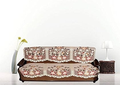 Home Sajawat 3 Seater Cotton Floral Sofa Cover Set Embossed Net Fabric Living Room Sofa Cover (Brown) - 6 Pieces