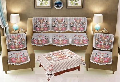 HOMECROWN Polyester Cotton Net Fabric Floral Design 5 Seater Sofa Cover with Matching 4 Seater Center Table Cover Set, Brown