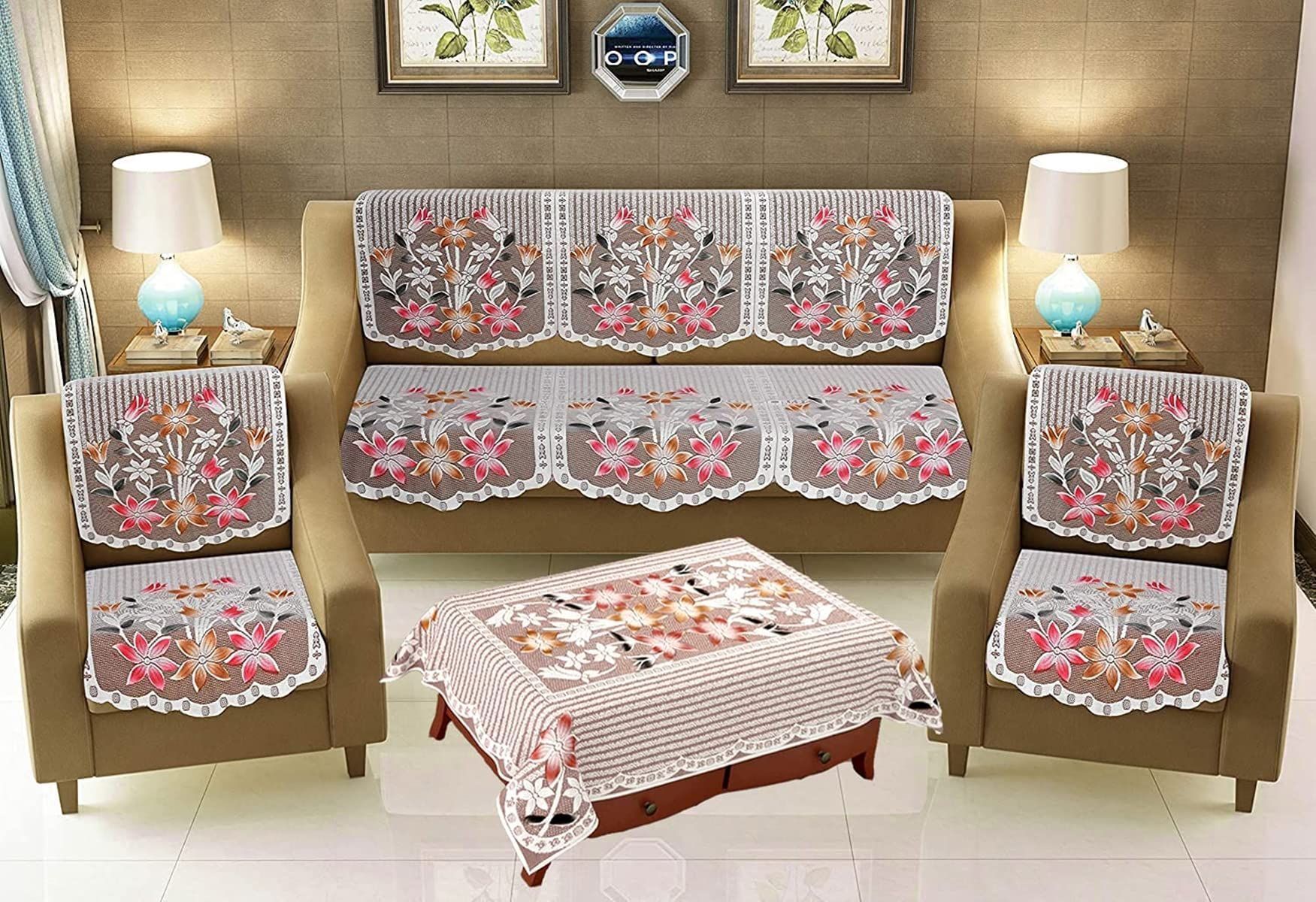 HOMECROWN Polyester Cotton Net Fabric Floral Design 5 Seater Sofa Cover with Matching 4 Seater Center Table Cover Set, Brown