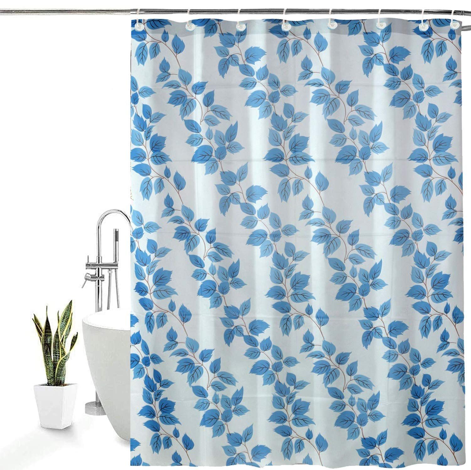 HOMECROWN Polyvinyl Chloride Floral Floral Curtain with Hooks, 7X4.5 Feet, Blue, Pack of 1