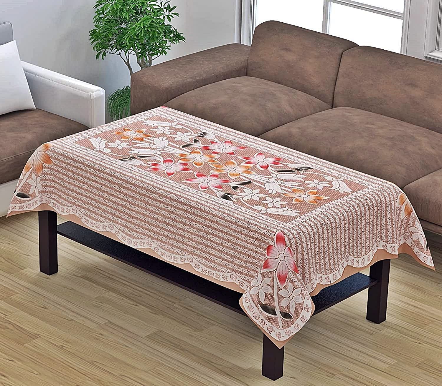 HOMECROWN Floral Design Cotton Blend Table Cover for Centre Table and 4 Seater Dining Table (60x40 Inch, Brown)