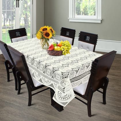 HOMECROWN Circle Design Polyester Cotton Blended Polycotton Net Fabric 6 Seater Dining Table Cloth Cover 60x90 Inch, White