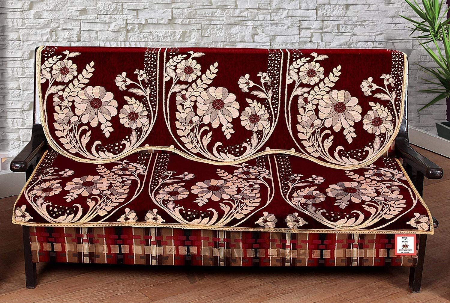 HOMECROWN Beautiful Floral Design 3 Seater Cotton Fabric Sofa Cover Set for Living Room - Maroon Color, 2 Pieces