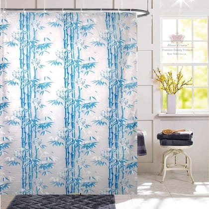 HOMECROWN Printed Bamboo Design Waterproof Shower PVC Floral Curtain with 8 Hooks for Bathroom, 7 Feet, 54 x 84 Inch, Blue Color