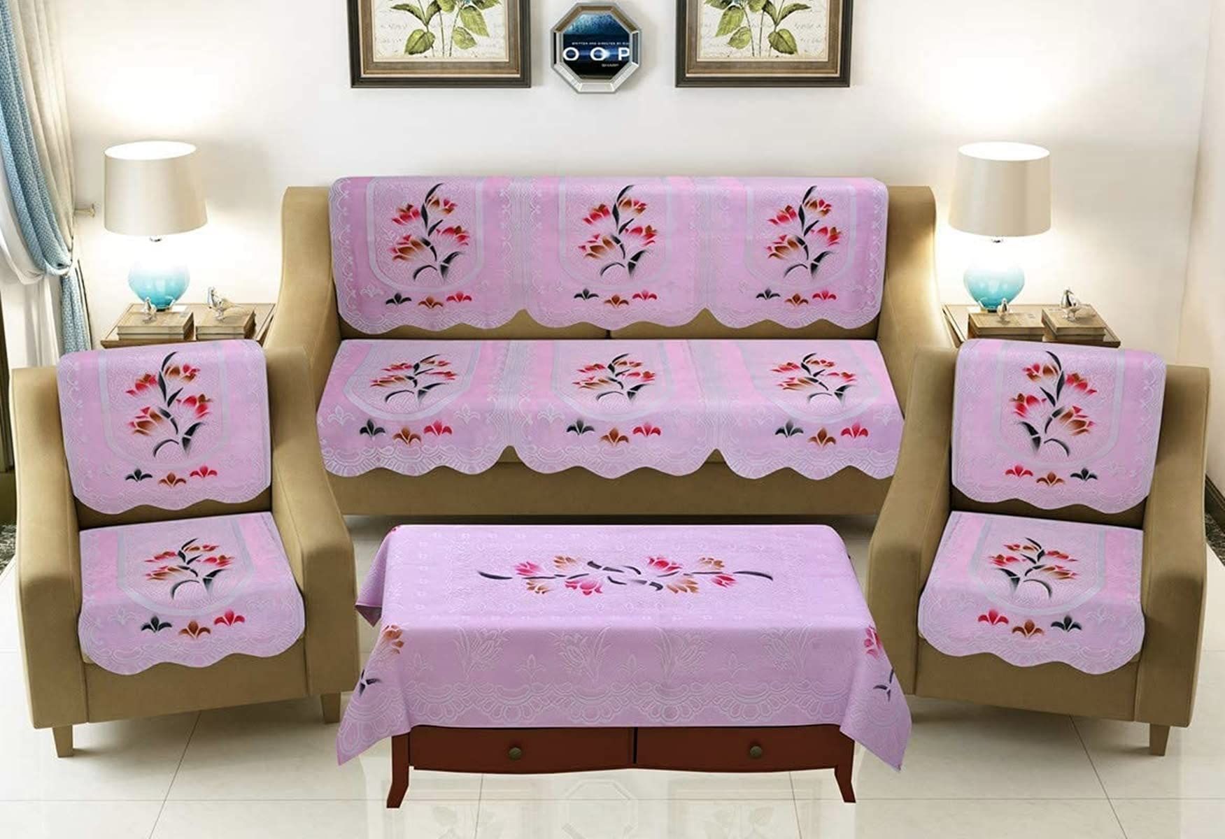 HOMECROWN Cotton Polyester Net Fabric Floral 5 Seater Sofa Cover with Matching 4 Seater 40 x 60 Inch Center Table Cover Set, Pink