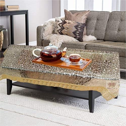 HOMECROWN 3D Design PVC Waterproof 4 Seater Center Table Cover with Golden Lace (60 X 40-inches, Clear)