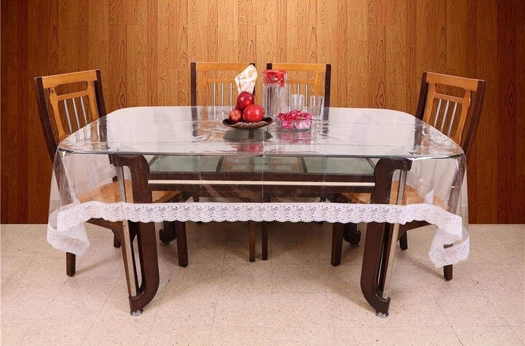 HOMECROWN Embroider Lace Design Waterproof 6 Seater Dining Table Cover with Silver Lace Size 60 X 90 Inches - Transparent