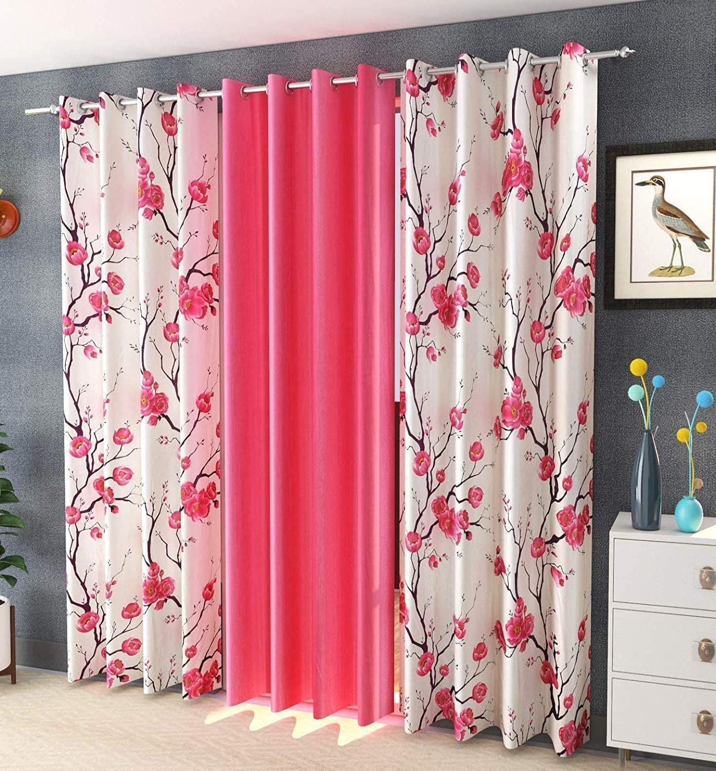 HOMECROWN Premium Polyester Fabric 7 Feet Flower Design Door Curtains Floral and Plain -Modern Silk Look parde for Home, Living Room, Bedroom, Offices (7 x 4 Feet, Pink) - Set of 3 Pc