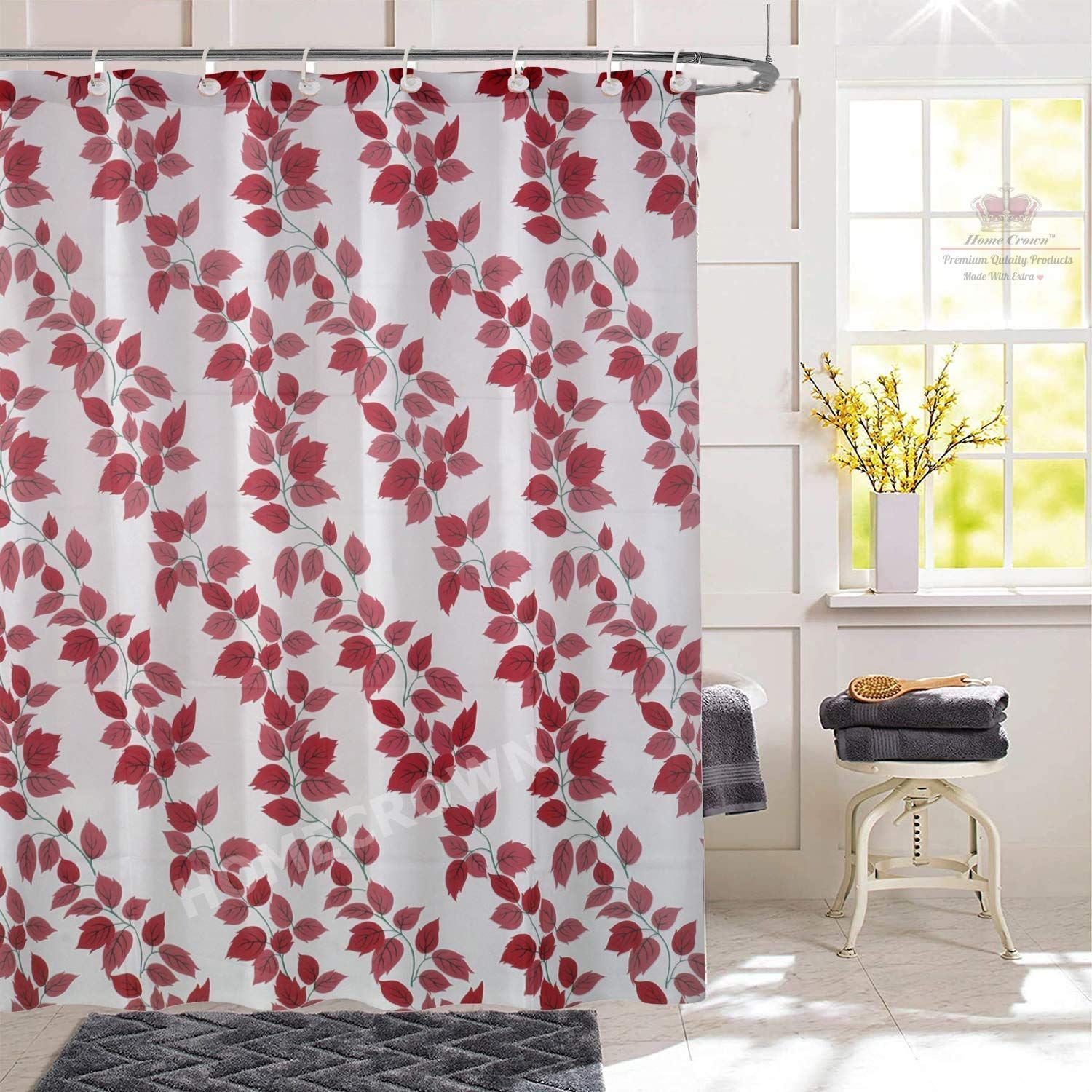 HOMECROWN Polyvinyl Chloride Floral Shower Curtain with 8 Hooks, 7x4.5 Feet, Maroon, Pack of 1