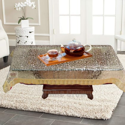 HOMECROWN 3D Design 4 Seater Waterproof PVC Center Table Cover with Golden Lace Design (Clear)