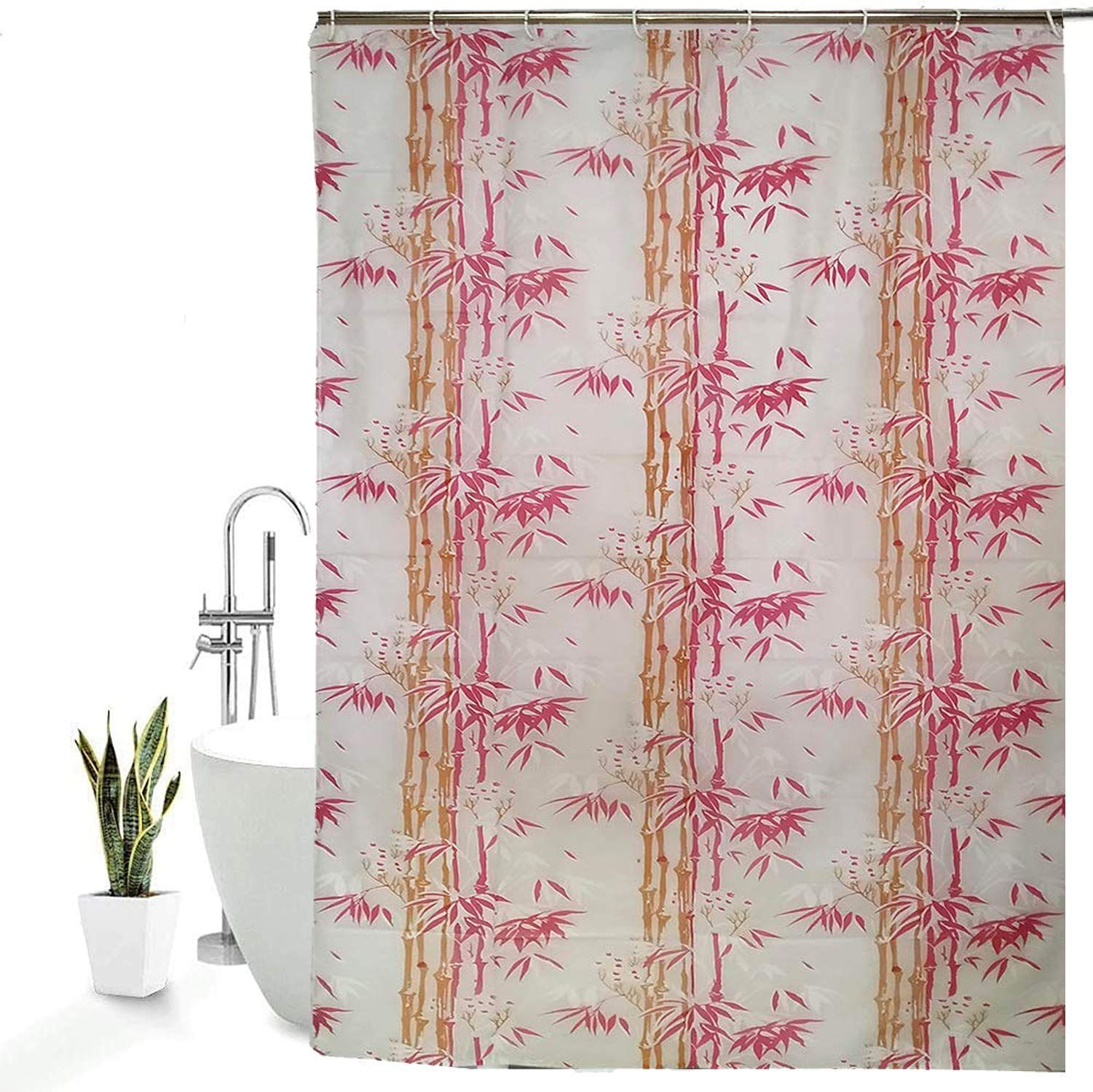 HOMECROWN Bamboo Leaf Design Printed Waterproof Shower PVC Curtain with Plastic 8 Hooks, 7 Feet, 54 x 84 Inch, Pink