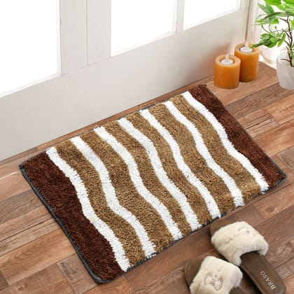 HOMECROWN Cotton Microfiber Anti Slip Quick Dry Water Absorbent Bathmat, Striped (40x60 cm, Brown)