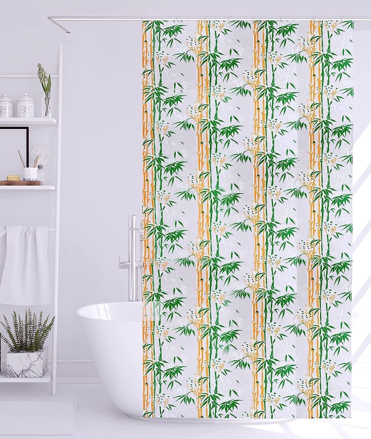 HOMECROWN Bamboo Print 7 feet Waterproof Shower Curtain for Bathroom, PVC Plastic Curtain with 8 Hooks ? 54 Inch x 84 Inch, Green Pack of 1