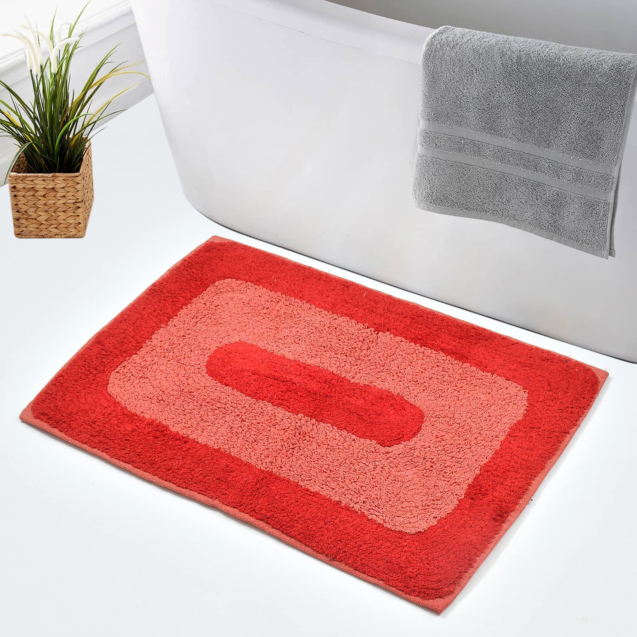 HOMECROWN Reversible Microfiber Bathmat for Home , Office, Bathroom, Bed Room, Kitchen Floor, Water Absorbent Easy Dry Modern Design Mat - 60 x 40 Cm, Red, 1 Piece