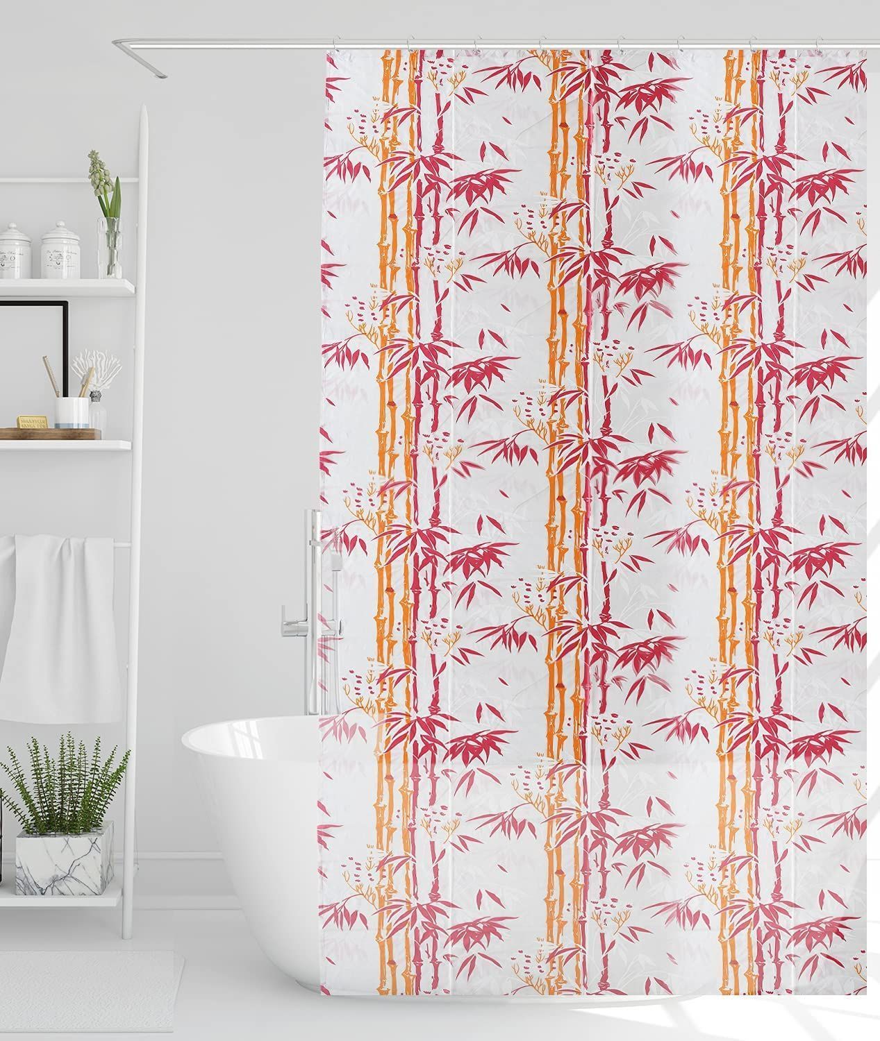 HOMECROWN Bamboo Print Waterproof Shower Curtain 7 feet for Bathroom, PVC Plastic Curtain with 8 Plastic Hooks ? 54 Inch x 84 Inch, Pink Pack of 1