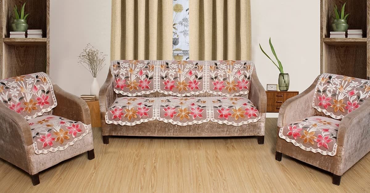 HOMECROWN Net Fabric Floral Pattern French Lace 5 Seater Sofa Set Cover ? Beautiful Polyester Cotton Blended Sofa Cover 3 Seater and 2 Seaters (Brown, 69 x 178 cm)