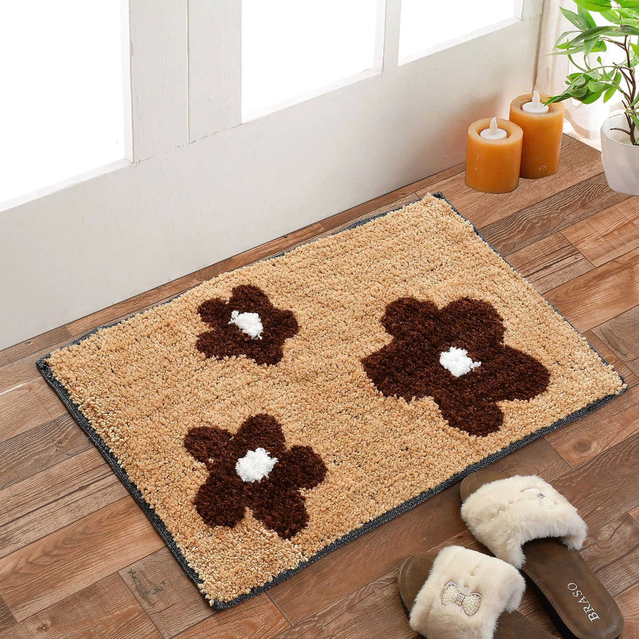 HOMECROWN Cotton Microfiber Anti Slip Quick Dry Water Absorbent Bathmat, Floral (40x60 cm, Brown)