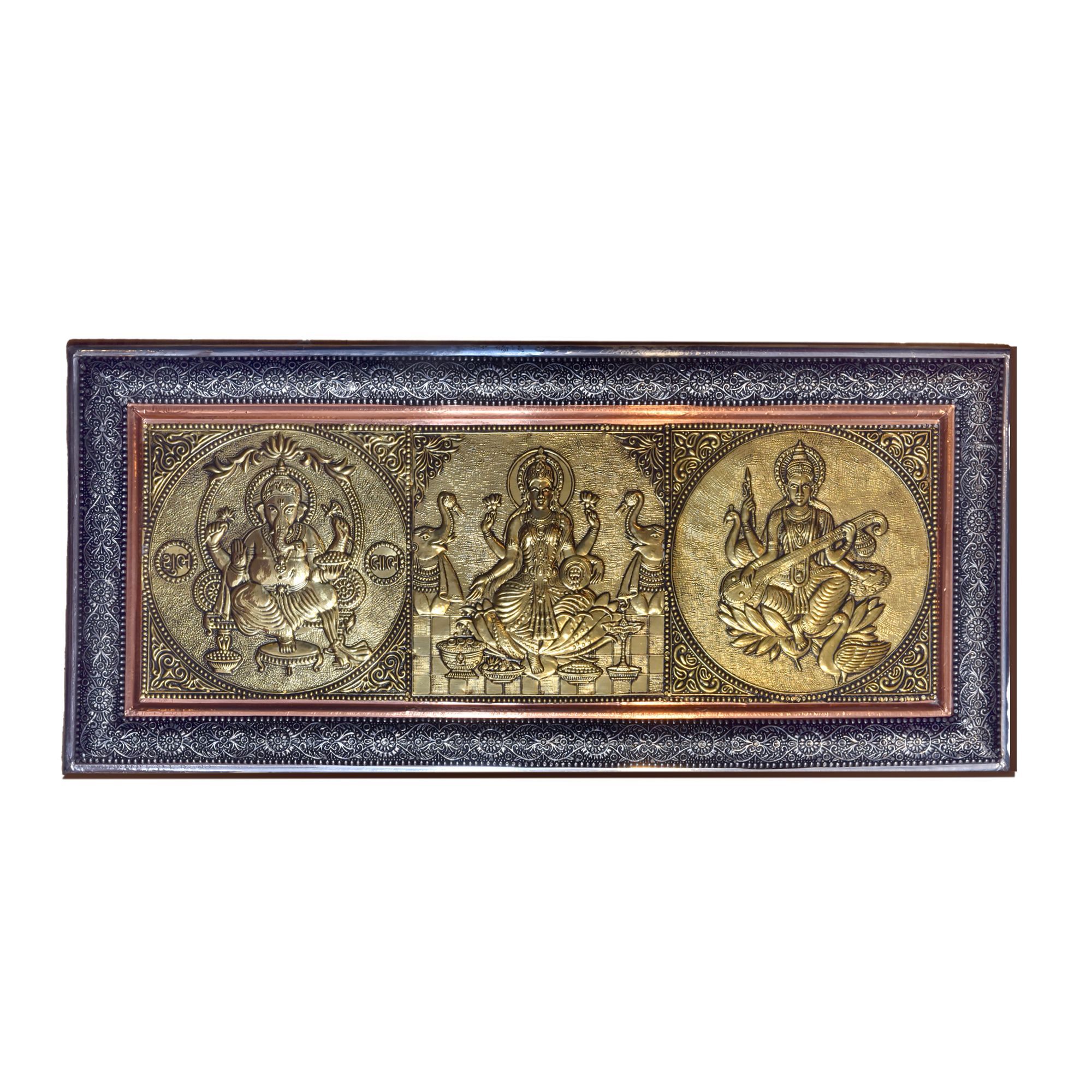 Tribes India Metal Multicolor Trimurti Rectangle Moulding Patti - God photo Religious Framed Painting for Wall and Pooja- Home Decor