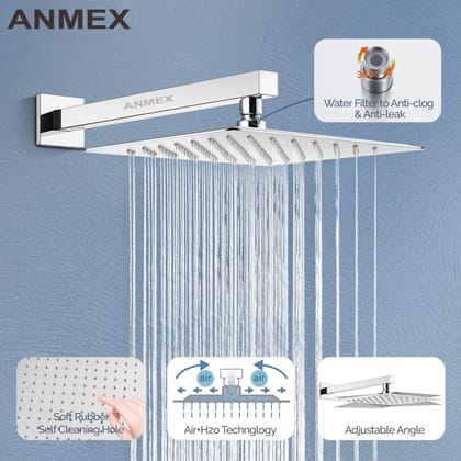 ANMEX Premium 10X10 (10Inch) Stainless Steel UltraSlim Square Rain Shower Head with square arm
