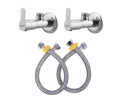 ANMEX Flora Angle Valve with 24 Inches Connection Pipe for bathroom geyser connection and washbasin connection Combo (2pc) (Silver Chrome Finish)