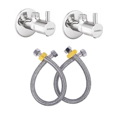 ANMEX Tubo Angle Valve with 24 Inches Connection Pipe for bathroom geyser connection and washbasin connection Combo (2pc) (Silver Chrome Finish)