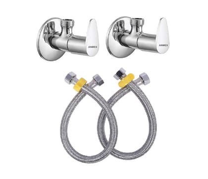 ANMEX JAZZ Angle Valve with 18 Inches Connection Pipe for bathroom geyser connection and washbasin connection Combo (2pc) (Silver Chrome Finish)
