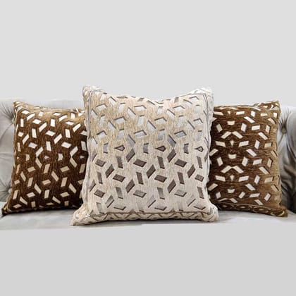 Beige Brown Combo Damask Geometric Woven Zipper Square Cushion Covers (16x16 inch or 40 x 40 cm) Set of 3