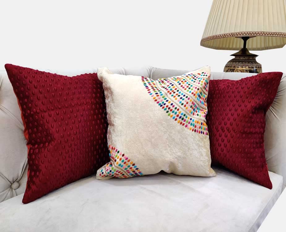 Suede Cream Off White Multicolor Maroon Set of 3 Ethnic Beaded Embroidered Square Combo Cushion Covers for Sofa Home Bedroom (16x16 inch or 40 x 40 cm)